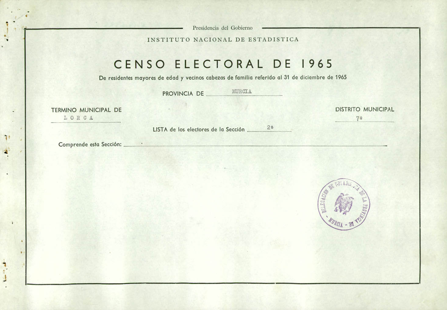 Censo electoral provincial de 1965: listas definitivas de Lorca, Distrito 7º, sección 2ª.